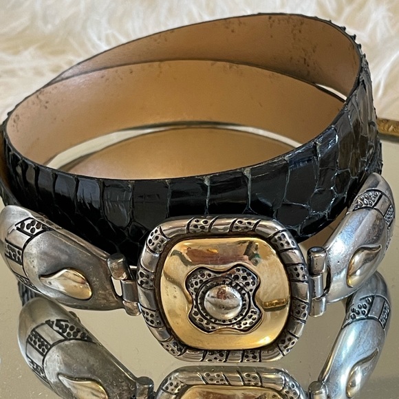 Vintage black reptile leather western belt, brass/ silver buckle, Sz M 🇨🇦 - Picture 3 of 9